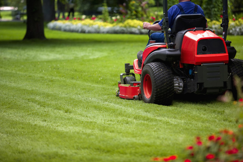 Gardener in the park cutting grass with lawnmower